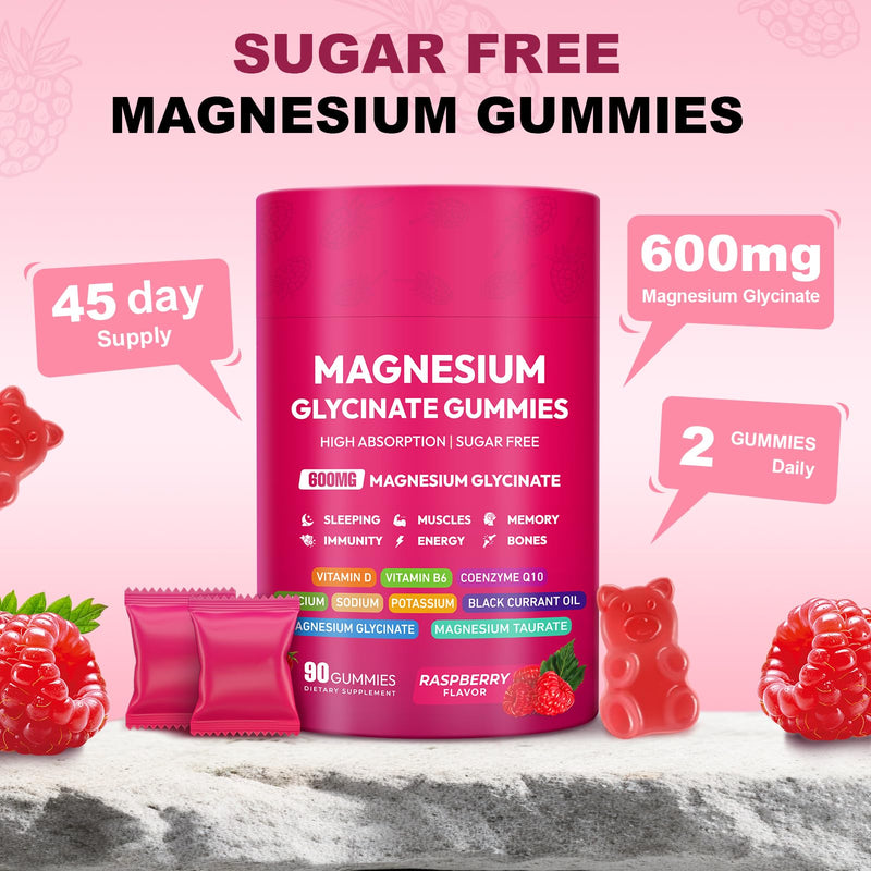Magnesium Glycinate Gummies 600mg, High Absorption Magnesium Complex, Sugar Free Chewables Gummies with VitaminD & B6, CQ10 for Adults & Kids, Relaxation, Muscle & Zzz Support 90 Count (Pack of 1)
