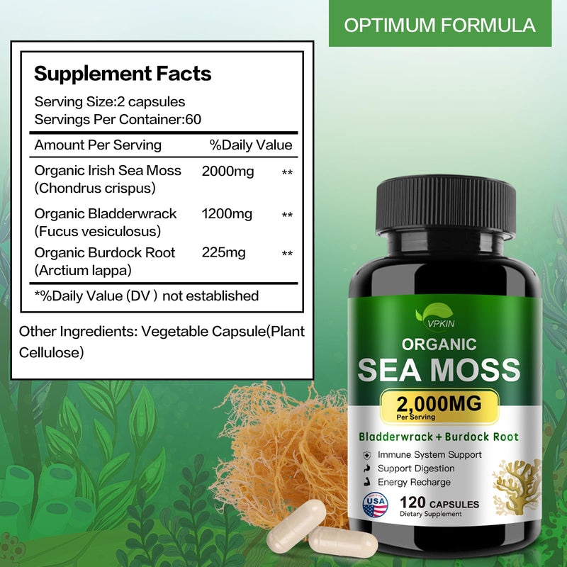Sea Moss Capsules with Bladderwrack,Burdock Root and Black Pepper Extract | Irish SeaMoss Pills 2000mg-Promotes Immune System,Thyroid Support(120 Capsules)