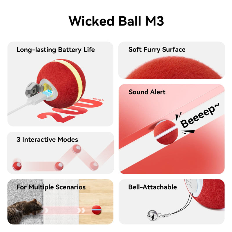 Cheerble 【2025 Upgrade】 Interactive Cat Ball Toy, Wicked Ball M3, Automatic Moving Ball Toy for Indoor Cat Kitten, Smart Anti-Depression Pet Toy Fun Gift with Light Red - BeesActive Australia