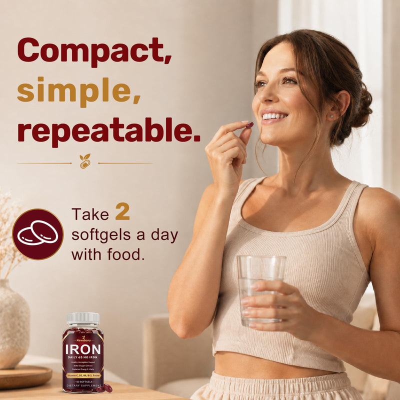 Iron 65mg 8-in-1 Multivitamin with B-Complex, B12 & Folate - 150 Softgels | Multivitamin with iron 65mg + B-Complex, Vitamin C, D3, E & Folate for blood & energy*. 2 daily, 75 day supply 150 Count (Pack of 1)