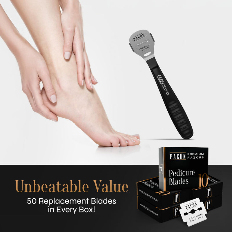 Fac√≥n Professional Callus Shaver Remover with 50 Blades, Pedicure Razor for Feet & Hands, Foot Razor for Callus Removal, Callus Blade Remover, Corn Shaver, Surgical Grade Premium Stainless Steel Tool Black