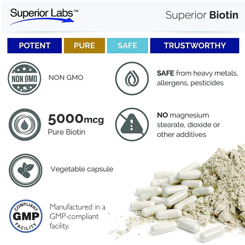 Superior Labs – Best Natural Biotin NonGMO Supplement – for Luscious Longer Hair and Lashes – Stronger Nails – Healthy Skin – Energy Booster – Healthy Weight - 5000 mcg, 120 Vegetable Caps