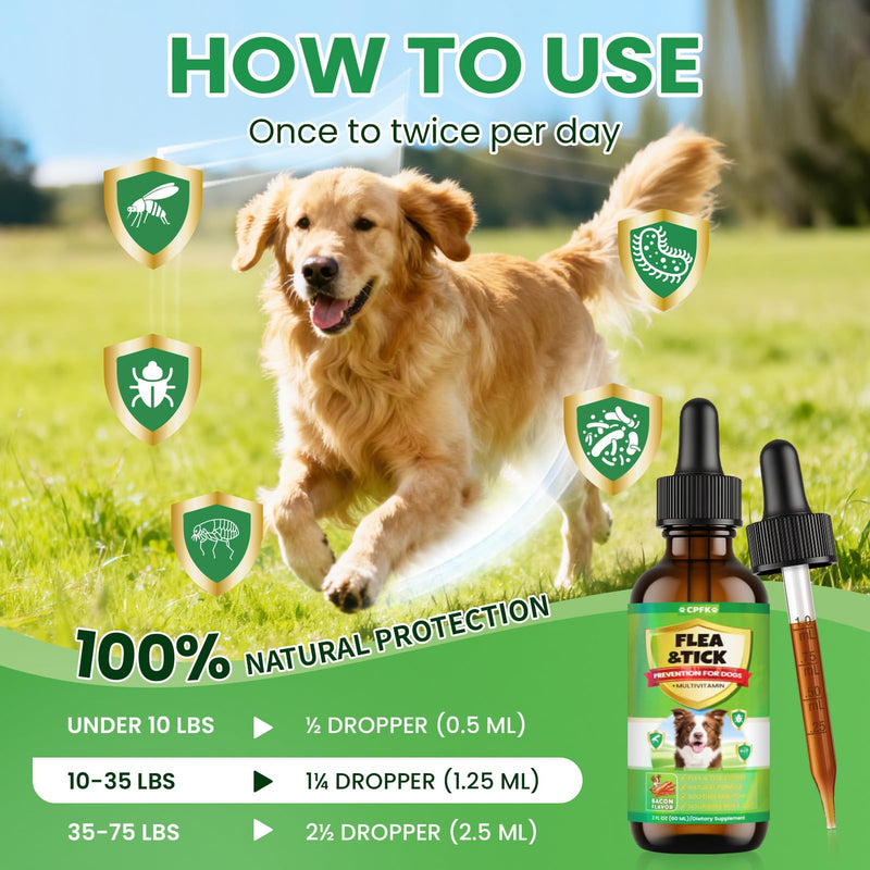 Flea and Tick Prevention for Dog, 60 ML (2 FL OZ) 2 Pack Natural Oral Flea and Tick Drops for Dogs Containing Multivitamin All Breeds and Sizes Fleas Control for Dogs Bacon Flavor 4 FL OZ