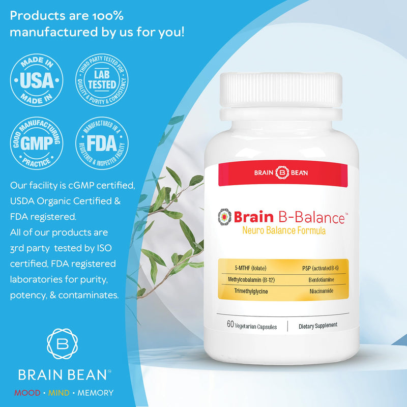 Brain B Balance: Methylated Multivitamin - Methylated B Complex Neurobalance Formula - Methylfolate Supports Mood.Mind.Memory - 60 Vegan Capsules