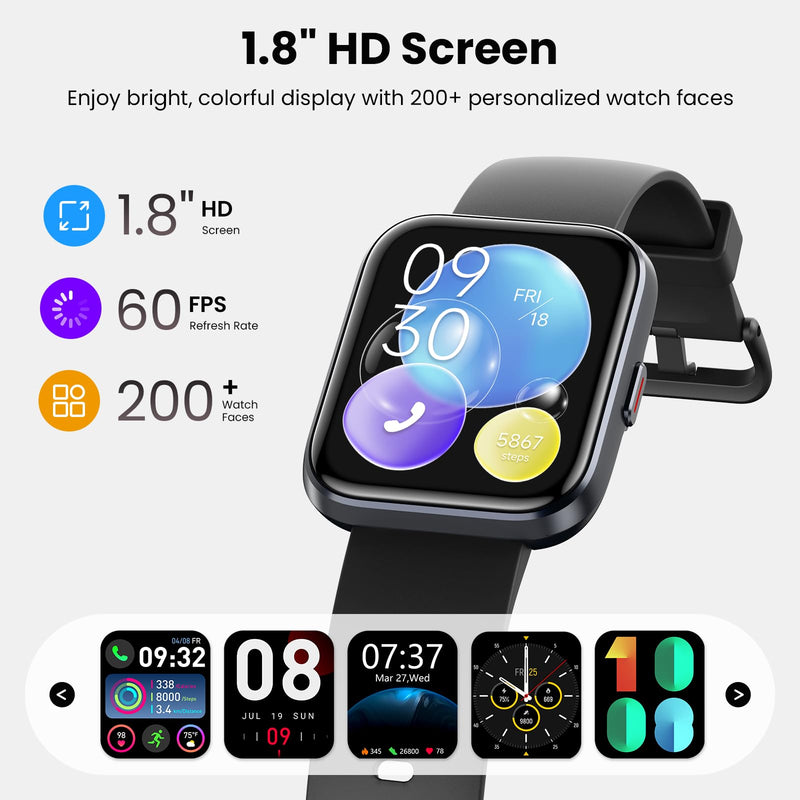 Smart Watches for Men Android & iPhone, 1.8" HD Alexa Built-in Smartwatches Fitness Tracker Watch with Bluetooth Calls, IP68 Waterproof, Heart Rate/Sleep/SpO2 Monitor, 110 Sport Modes - Black Deep Black