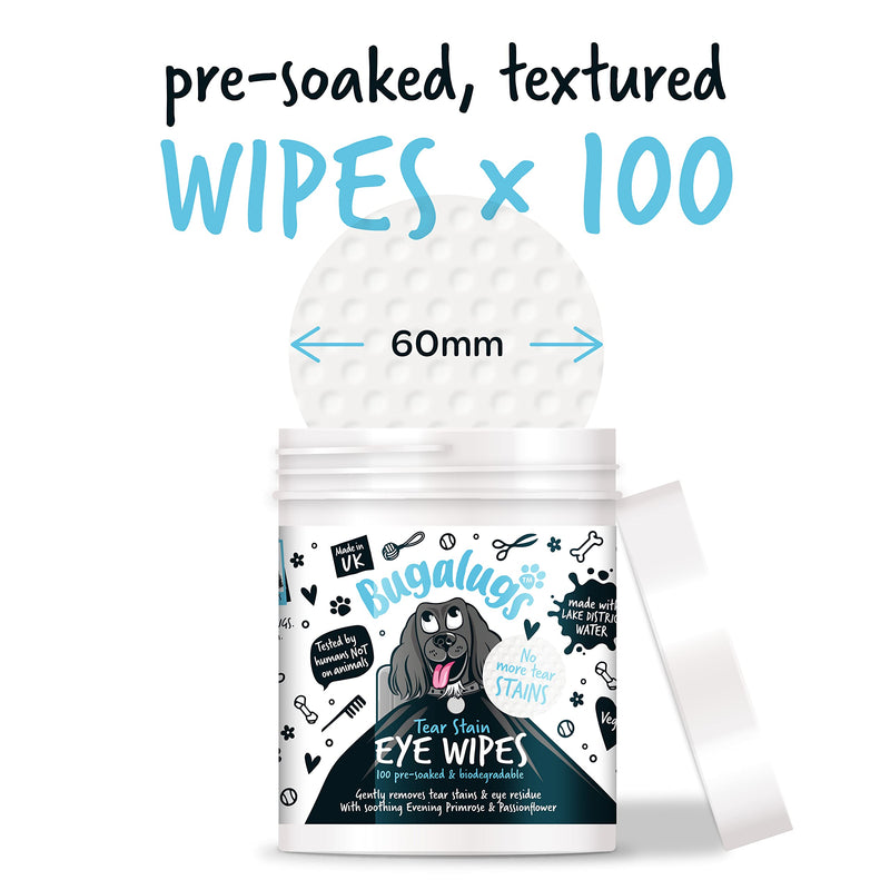 BUGALUGS Dog Eye Wipes 100 Biodegradable textured pre-soaked Dog Wipes. Safe & Easy Cleaning For Dogs - Pet Eye Wipes Remove Tear Stains, Dog Eye Crust & Eye Discharge