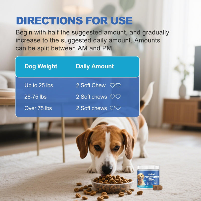 11-in-1 Dog Multivitamin Supplement with Glucosamine - 120 Soft Chews - Hip & Joint, Pet Immune Support, Heart, Skin & Coat, Digestion - Senior & Puppy Multivitamin for Dogs