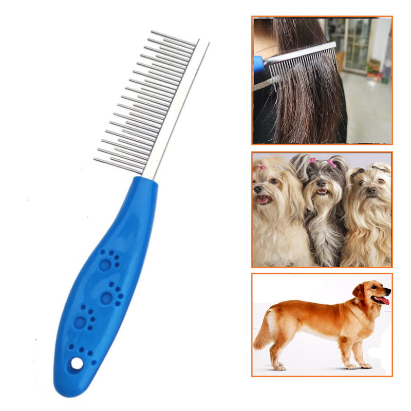 Long Hair Dog or Cat Comb Grooming with Short and Long Teeth Dematting Knots Tangles Remover Combs Detangler Tool Suitable for Dogs Cats Poodle HorseStainless Steel Pin Blue