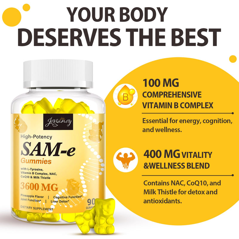 Jovianoy SAM-e Gummies with L-Tyrosine, Vitamin B Complex & NAC, CoQ10, High-Potency SAM-e Supplement - Pineapple Flavor, for Mood, Joint, Cognitive & Liver Detox, Vegan Friendly, 180 Gummies 90 Count (Pack of 2)