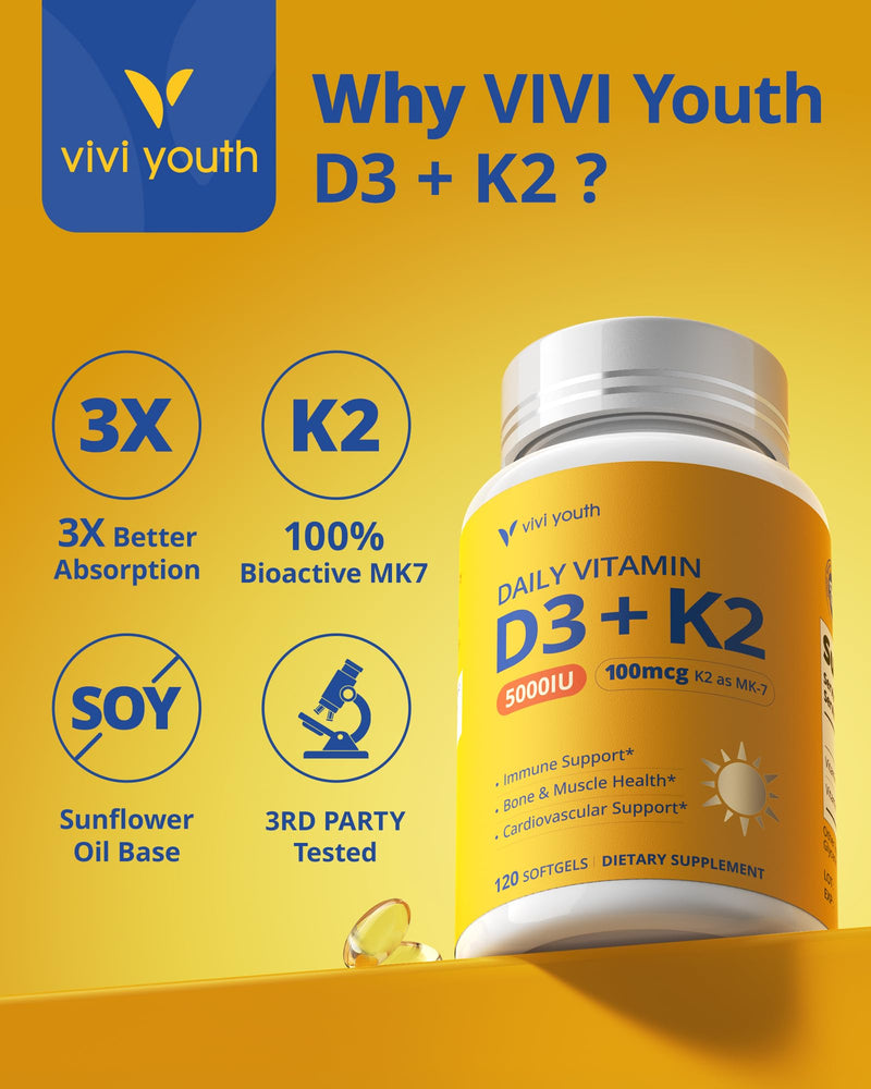 Vitamin D3 K2 5000 IU with MK-7, 3rd Party Tested, 120 Servings | with MK-7 100 mcg Softgels, Sunflower Seed Oil D3 K2 Vitamin for Better Calcium Absorption, Soy-Free, Non-GMO for Women & Men