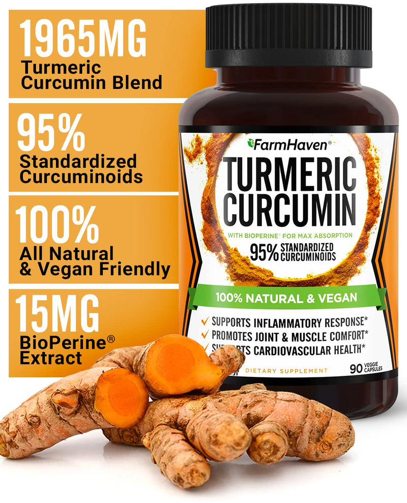 Turmeric Curcumin with BioPerine Black Pepper & 95% Curcuminoids, 1965mg, Maximum Absorption for Joint Support, Non-GMO Turmeric Capsules, Made in USA - 90 Veg Caps - BeesActive Australia
