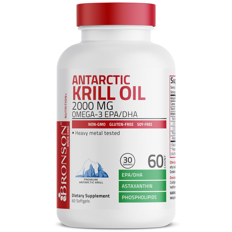 Bronson Antarctic Krill Oil 2000 mg with Omega-3s, 60 Softgels | Heavy Metal Tested, with EPA, DHA, Astaxanthin and Phospholipids, Non-GMO, Gluten Free, Soy Free 60 Count (Pack of 1)