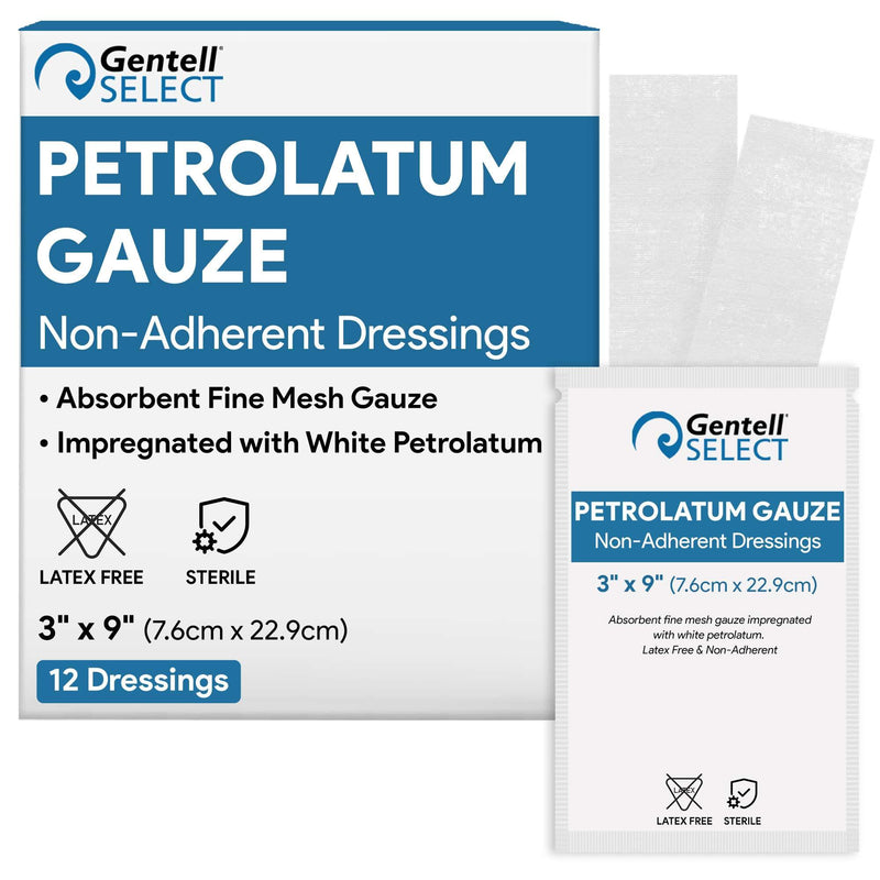 Petrolatum Gauze Non Adherent Dressings 3x9, 12 Pack Box, Fine Mesh Gauze Wound Dressing Infused with White Petroleum Jelly for Exuding Wounds, Burns - Latex Free Occlusive Bandages 3" x 9" (12 Pack Box)