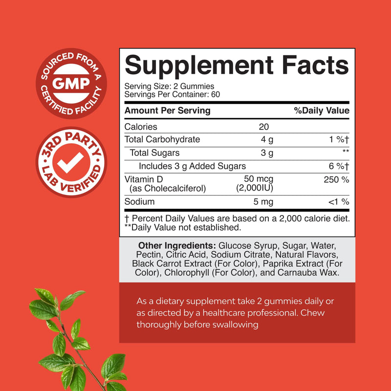 Natures Craft Vitamin D3 Gummies for Daily Wellness - Delicious Vitamin D Gummies for Adults with D3 2000IU per Serving Bone Muscle & Immune Support - Non-GMO Gelatin & Gluten Free - 120 Count 120 Count (Pack of 1)