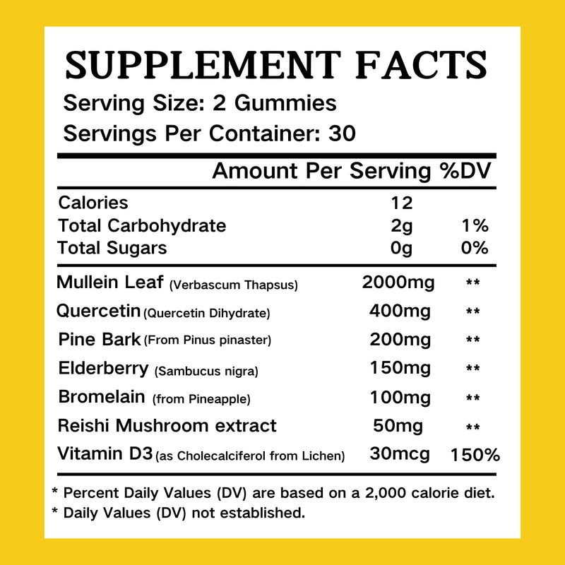 Mullein Gummies, 2000mg Organic Mullein Leaf Extract with Quercetin, Bromelain & Vitamin D3, Mullein Leaf Extract for Respiratory, Natural Lung Cleanse, Improve Appetite, Vegan, Non-GMO, 1 Pack 60 Count (Pack of 1)