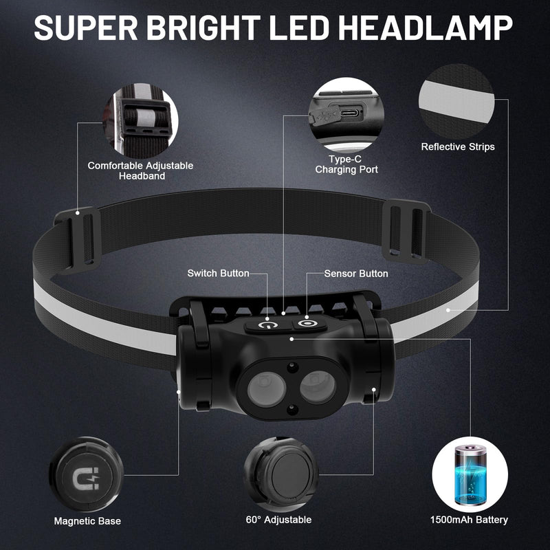 High Lumens Rechargeable Magnetic LED Headlamp for Camping, Hiking, Caving, Fishing, Motion Sensor Waterproof Impact-Resistant Bright Head Light with 4 Light Modes, Adjustable Headstrap (3 Pack) 3 Pack Magnetic Headlamp