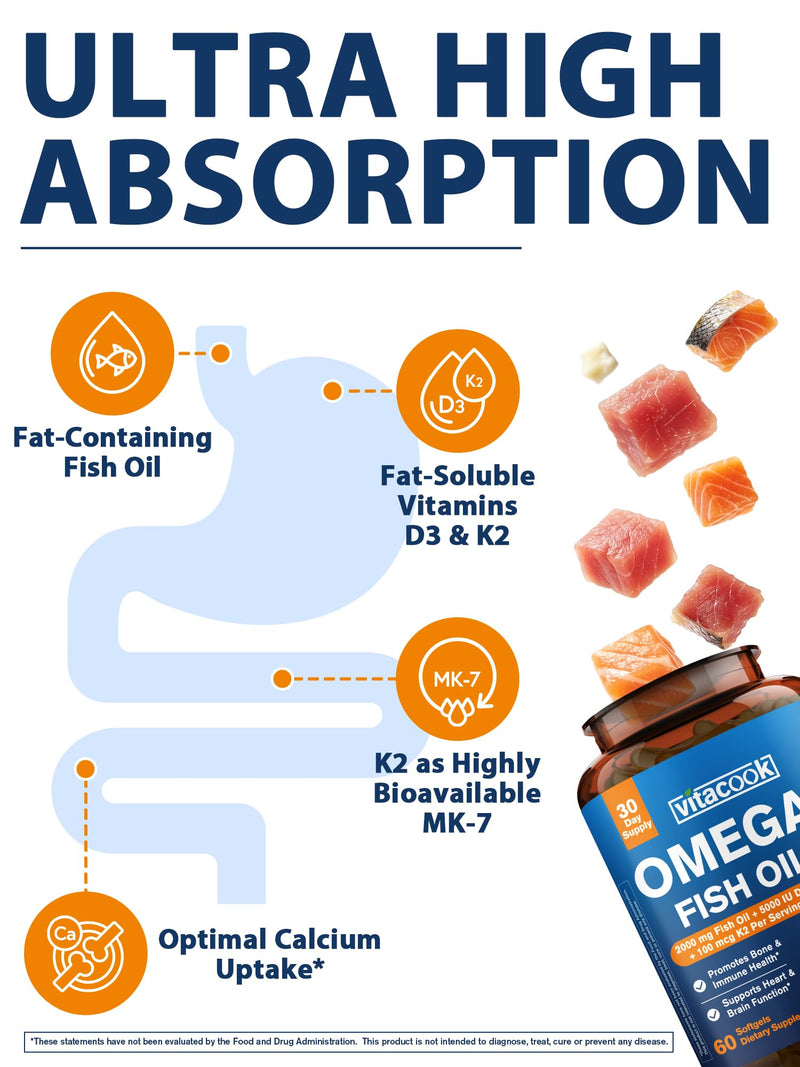 Omega 3 Fish Oil 2000mg, with Vitamins D3 & K2 (MK-7), Omega 3 Fatty Acid Supplements 1100mg, EPA, DHA, from Fresh, Wild-Caught Fish, Bone, Heart, Brain & Immune Health Support, 60 Softgels | Omega 3 Fatty Acid Supplements 1100mg, EPA, DHA, from Fresh,...