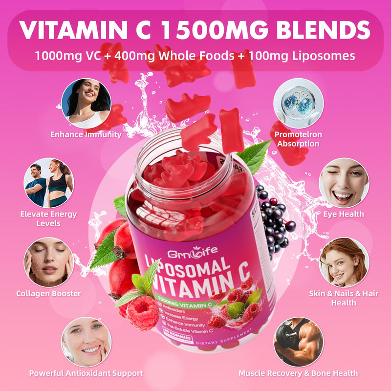 2 Pack Liposomal Vitamin C 1000mg Gummies for Adults Kids, 1500mg Chewable Vitamin C w/Iron, Zinc & Elderberry - Immune Support & Energy, Collagen Booster, Raspberry, 120 Count 120 Count (Pack of 1)