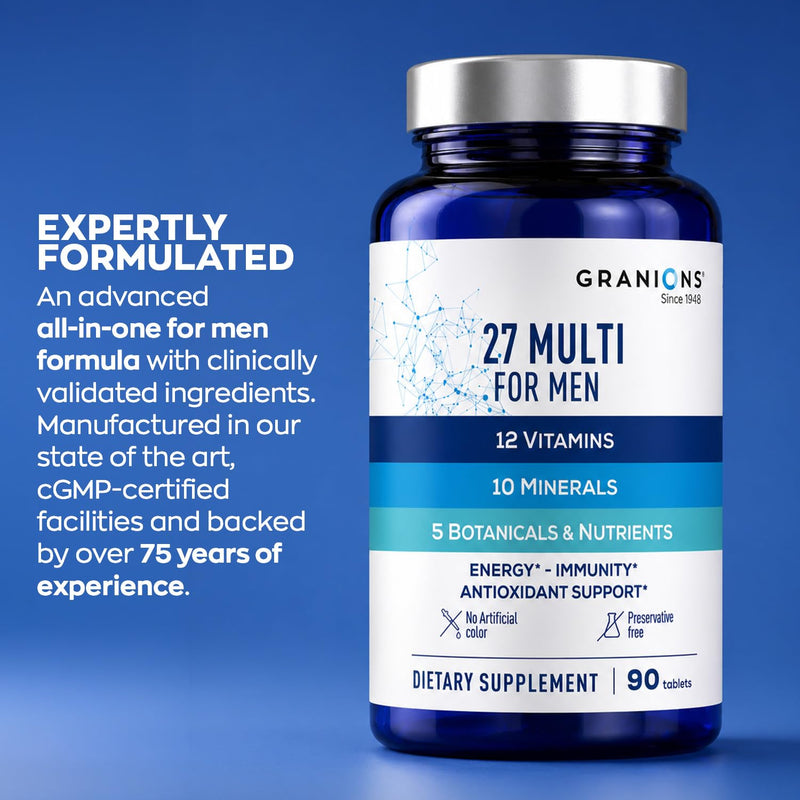 Granions 27 Mens Multivitamins Minerals Extracts - Vitamin D3, C, B12, Zinc, Magnesium, CoQ10, Quercetin, Maca Plus Multivitamin - Daily Mens Vitamins Supplement Multi for Men - 90 Tablets