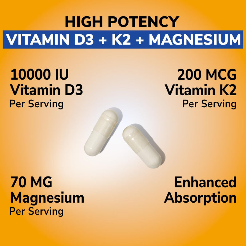 Vitalibre D3 K2 + Magnesium Supplement, 10000 IU Vitamin D3 & 200 mcg K2, with Magnesium Glycinate, Bone, Teeth, Immune & Energy Support, High Absorption, Non-GMO, Easy to Swallow, 60 Capsules 60 Count (Pack of 1)