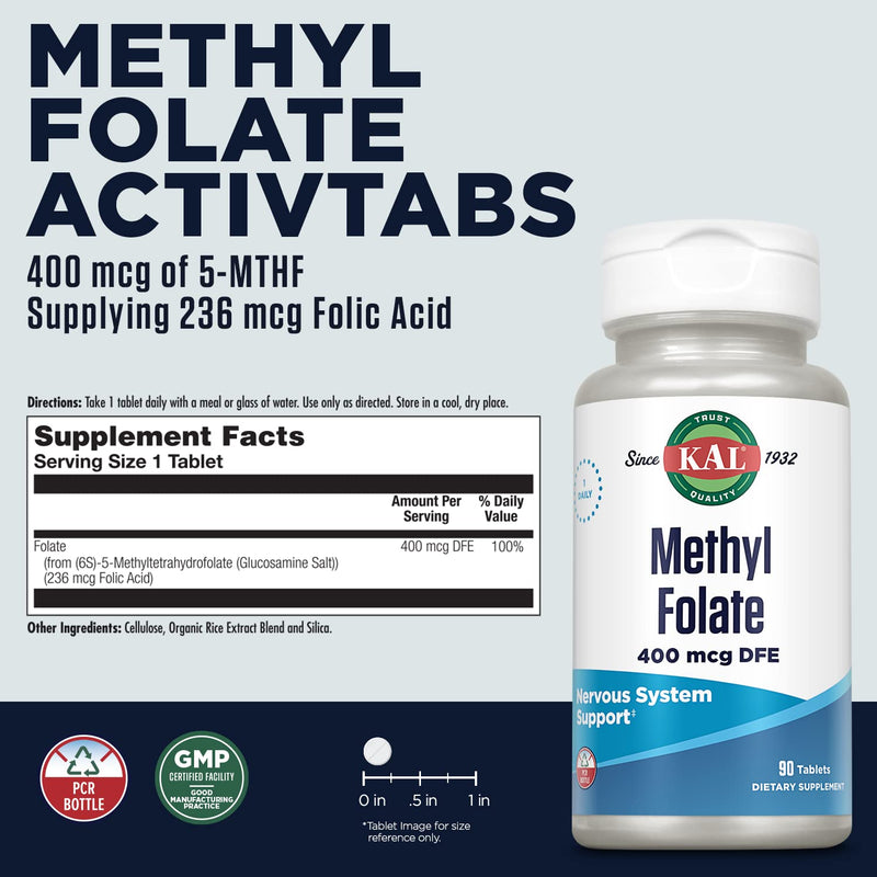 KAL Methyl Folate 400 mcg, 5-MTHF Active Form, 90 Tablets | Folic Acid Supplement for Women and Men - Supports Nervous System Health and Red Blood Cell Production Unflavored 90 Count (Pack of 1)