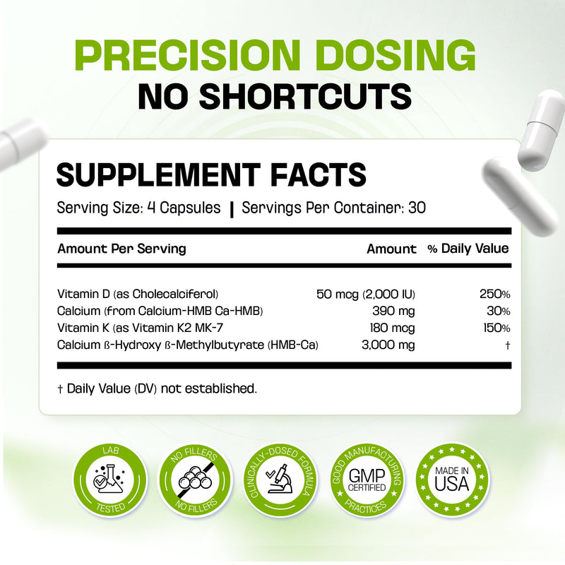 HMB 3000mg Supplement | Vitamin D3 K2 + Calcium | Muscle Recovery, Lean Muscle Support & Bone Health | Muscle Retention Support Supplement for Men & Women | Non-GMO | 120 Capsules