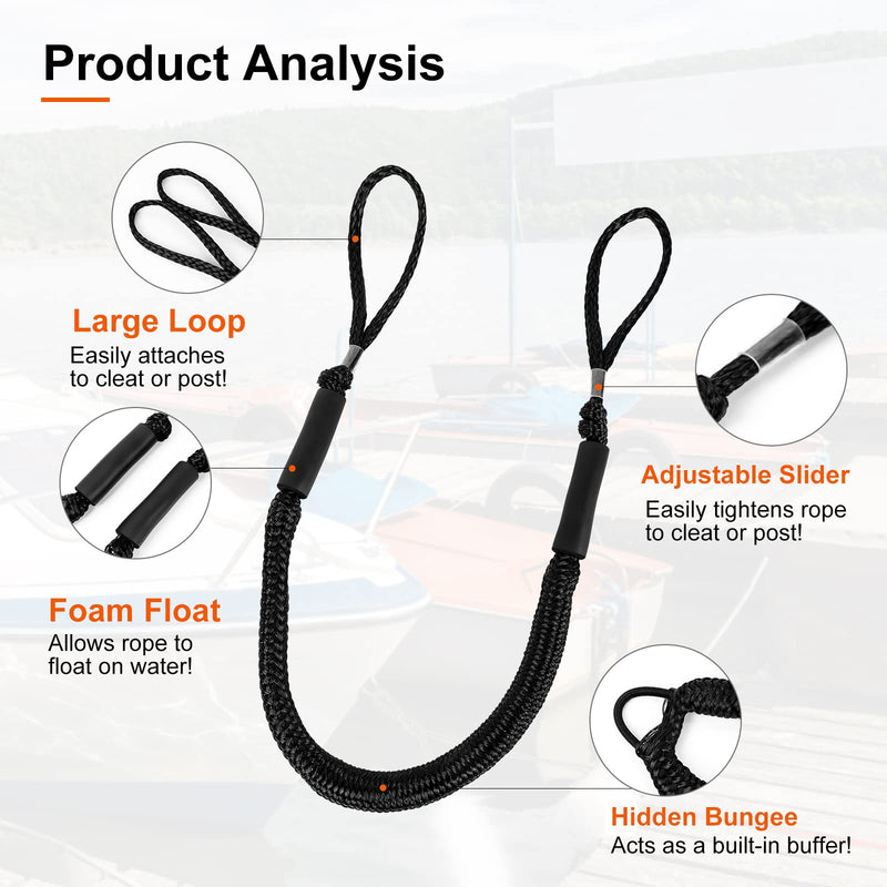 Bungee Dock Lines - Boat Accessories - 4 Feet Shock Cords Docking Rope Mooring Rope for PWC,Jet ski,Pontoon,Kayak,Canoe,Power Boat,Watercraft (Black) Black