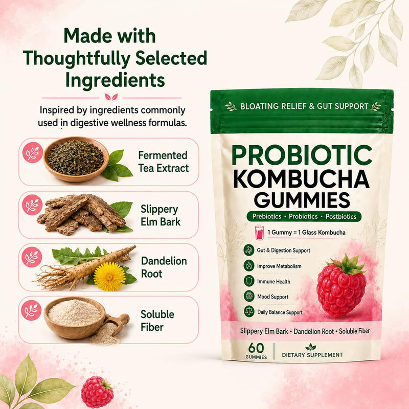Jevawell Kombucha Gummies, Prebiotic Probiotic Postbiotic Formula, Digestive & Gut Health Support, Microbiome Balance & Digestive Comfort, Vegan, Non-GMO, 60 Gummies (1 Peak) 1 Peak