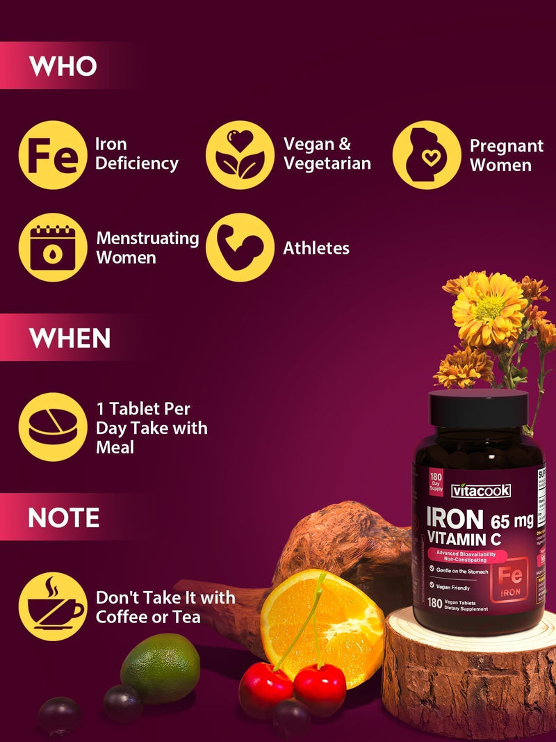 Iron Supplement for Women Men, High Potency Iron 65mg with Vitamin C 250mg | Stomach Friendly Iron Pills for Red Blood Cell & Immune Support, Vegan, Non-GMO & Gluten Free, 180 Tablets Unflavored 180 Count (Pack of 1)