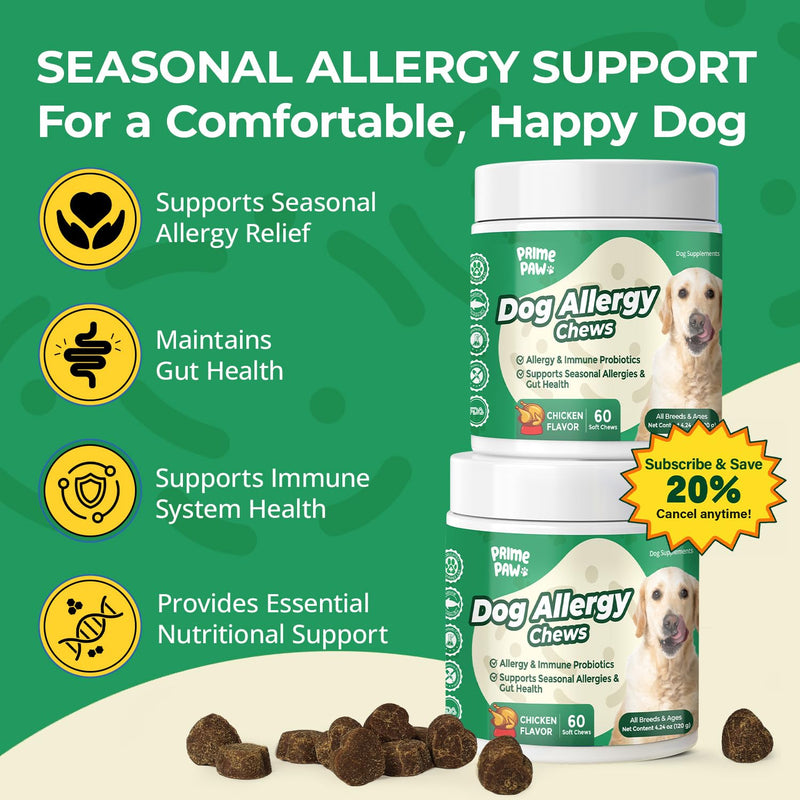 Dog Allergy Chews - Immune & Itch Relief Support with Probiotics, Fish Oil, Colostrum & Bromelain - Seasonal Allergy Relief & Skin & Coat Health - Soft Chews, Chicken Flavor, 60 Count