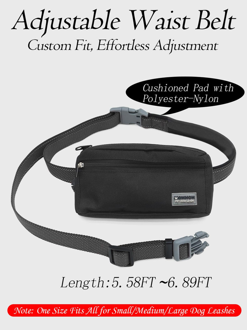 Hands Free Dog Leash with Zipper Pouch & Waist Belt – Reflective Durable Bungee Leash with Dual Padded Handles for Walking, Jogging & Running, Fits Small to Large Dogs (Black) Black
