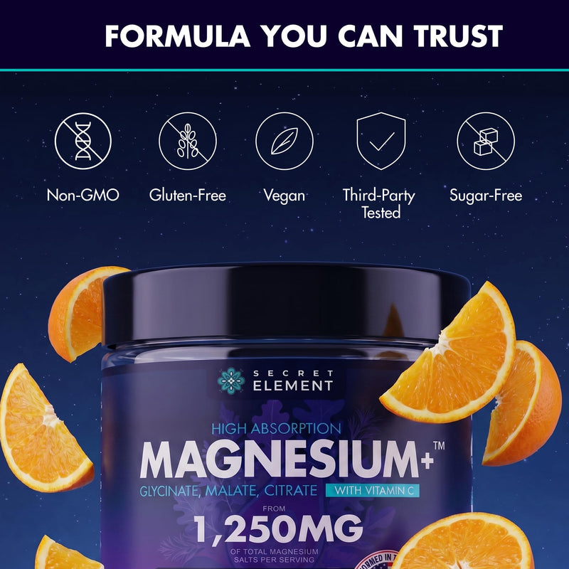 Secret Element Magnesium Glycinate 1250MG Gummies, High Absorption Magnesium Glycinate, Citrate & Malate, with Vitamin C, Sugar-Free, Vegan, Chews for Men & Women, 60 Gummies, Wild Orange Flavor 60 Count (Pack of 1)