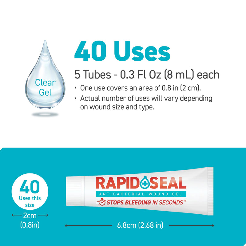 Rapid-Seal Wound Gel (5 Tubes) | Stops Bleeding in Seconds, Ideal for Cuts, Scrapes and Razor Nicks for Emergency First Aid Supplies 5 Tubes (0.5 Fl Oz Each)