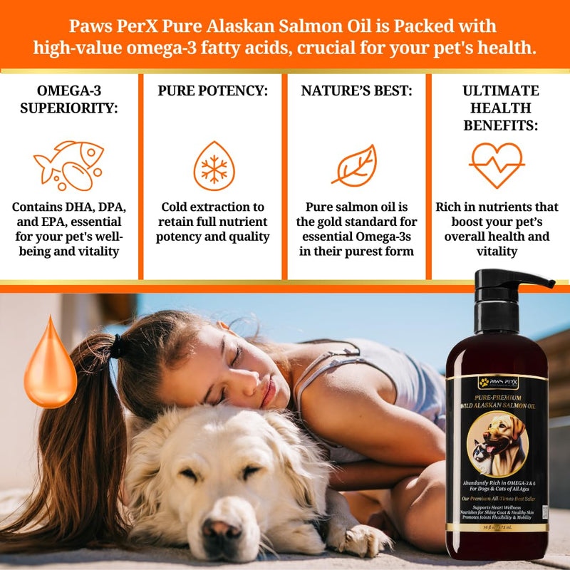 Human Grade, Naturally Caught, Pure-Premium Wild Alaskan Salmon Oil for Dogs & Cats; Rich in Omega-3 EPA and DHA Fatty Acids; (One, 16 fl oz Bottle) - BeesActive Australia