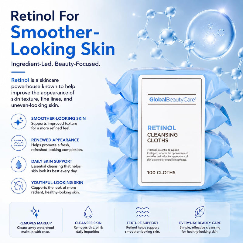 Global Beauty Care Retinol Waterproof Makeup Remover Facial Cleansing Wipes | Supports Firmer-Looking Skin, Removes Waterproof Makeup, Oil & Dirt, Smooths Skin Texture, All Skin Types, 100 Wipes (4-Pack) 25 Count (Pack of 4)