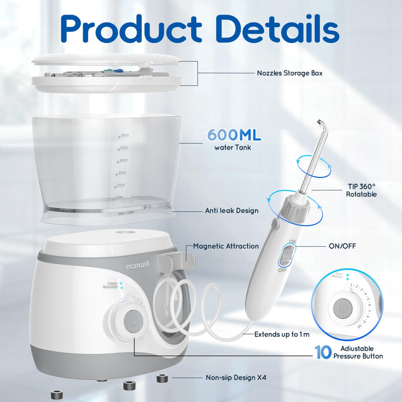 Mornwell Water Dental Flosser for Teeth, 2 Modes and 10 Adjustable Pressure Oral Irrigator for Braces, 8 Multi-Functional Tips for Family, Multiple Users, Home Use, White 600ML