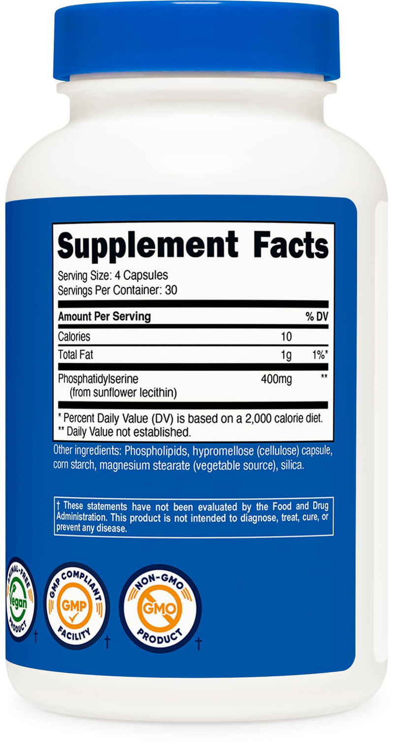 Nutricost Phosphatidylserine (400mg) 120 Capsules, Gluten Free | 30 Servings, Soy Free, Vegetarian Friendly, GMO-Free 120 Count (Pack of 1)