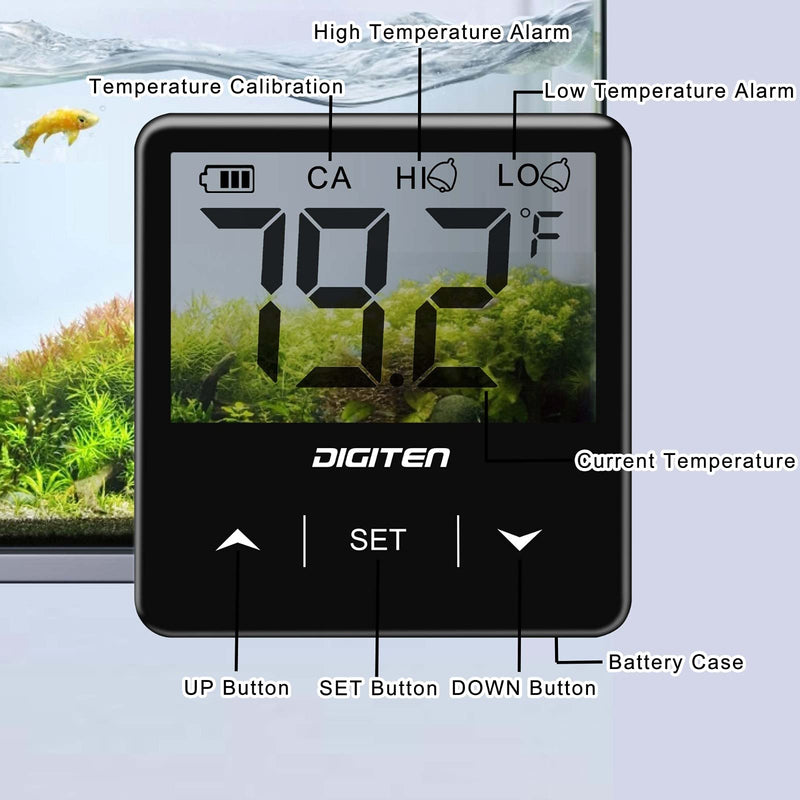 DIGITEN Aquarium Thermometer Digital Fish Tank Thermometer with Large LCD Display Stick On Water Terrarium Temperature Sensor Gauge for Reptiles Turtle Amphibians Black