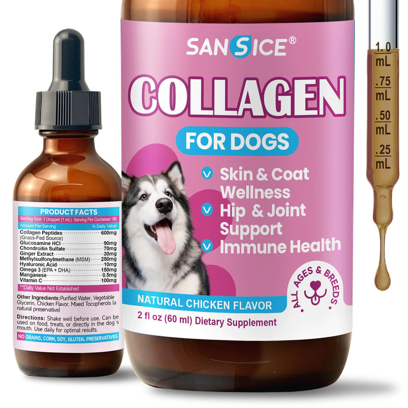 Collagen for Dogs Joint Health, Grass-fed Dog Collagen Drops with Omega 3, Vitamin C for Skin & Coat, Dog Hip and Joint Supplement with Glucosamine, Chondroitin, Hyaluronic Acid-Bone, Immune-2 Fl