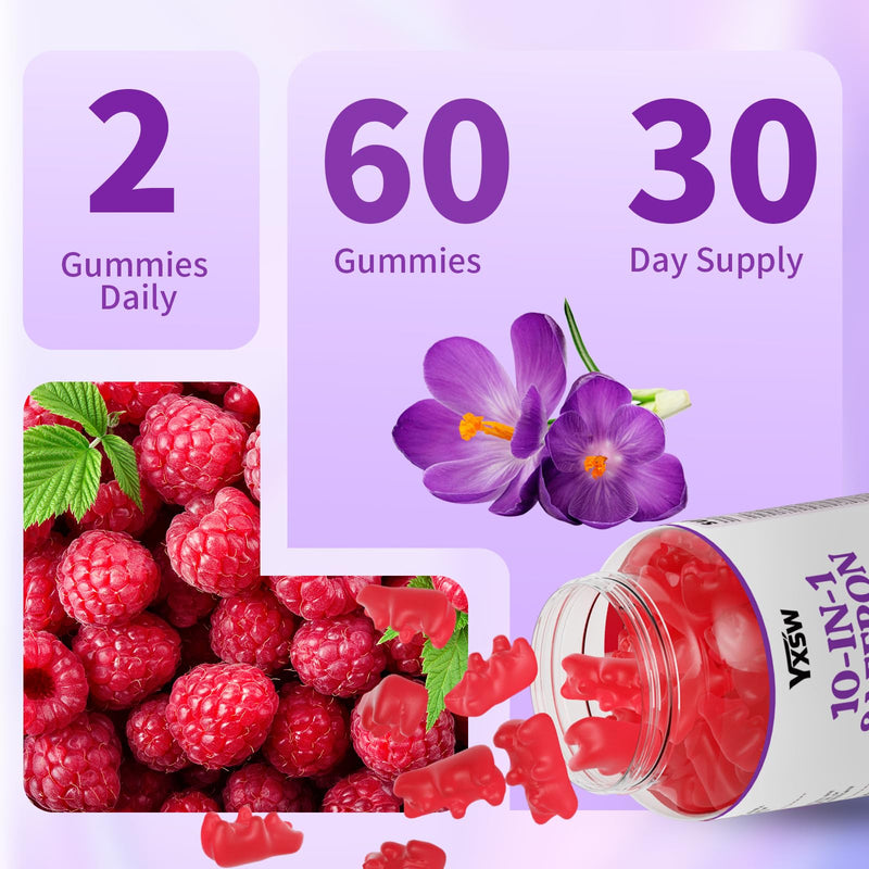 Saffron Gummies, Saffron Supplements for Kids & Adults with Ashwagandha, L-Theanine, Lemon Balm, Vitamin D3, B6, Magnesium & Zinc - Support Focus, Relaxation, Raspberry Flavor, 60 Count 60 Count (Pack of 1)