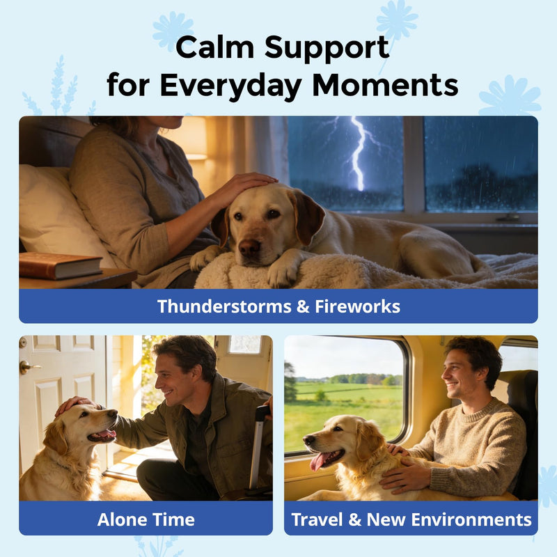 Calming Chews for Dogs L-Theanine L-Tryptophan Phosphatidylserine Valerian Chamomile Passion Flower Non-Sedating Relaxation Support All Breeds Puppy Adult Senior Chicken Flavor 120 Soft Chews