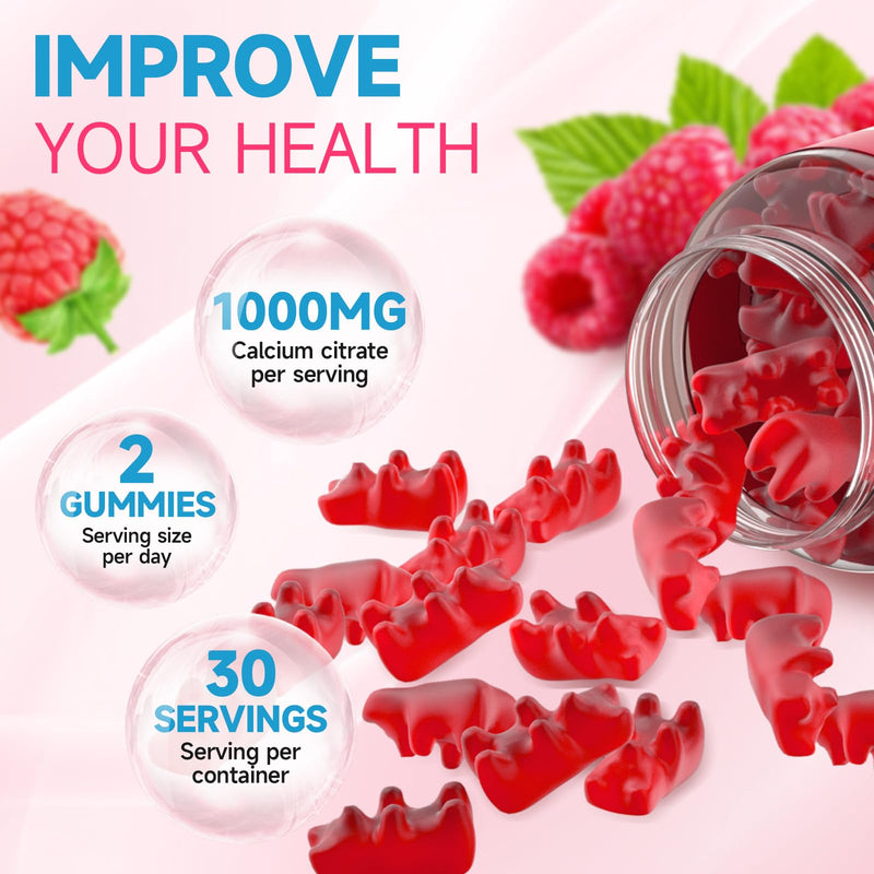 Calcium Citrate Gummies, Sugar Free Calcium Citrate 1000mg for Muscle Healthy, Absorption Calcium Supplements for Adults & Kids, Raspberry, 60 Count 60 Count (Pack of 1)
