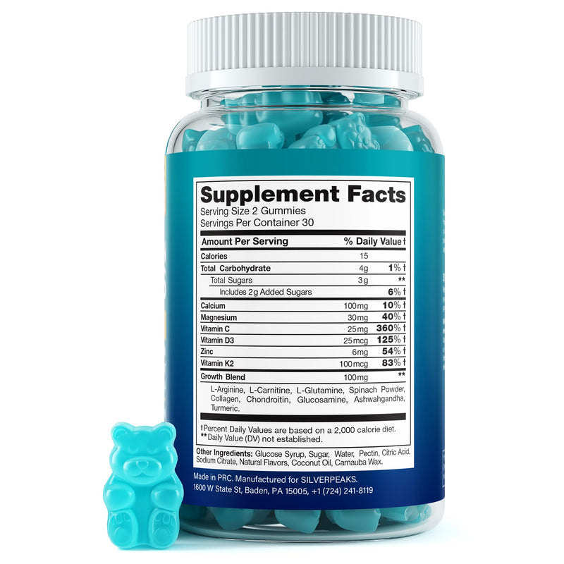 SILVERPEAKS Bone & Natural Growth Support Gummies for Kids & Teens - 60 pcs | Calcium, Zinc, Vitamins D3 & K2, C, Magnesium - Bone Strength & Joint Support for Boys & Girls - Wildberries Flavor Wildberry 60 Count (Pack of 1)