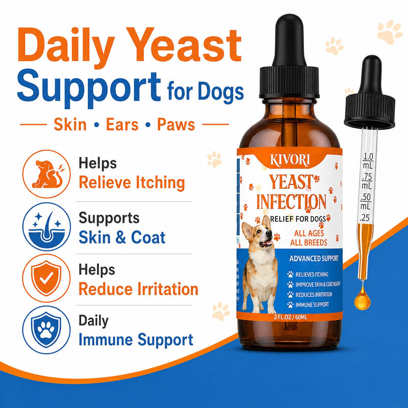 Kivori Yeast Infection Drops for Dogs, 2fl.Oz/60ml Yeast Infection Treatment for Dogs, Anti Yeast Drops, Ear and Paw Itch, Herbal Dog Supplement Drop for All Ages All Breeds. (1PCS) 1PCS