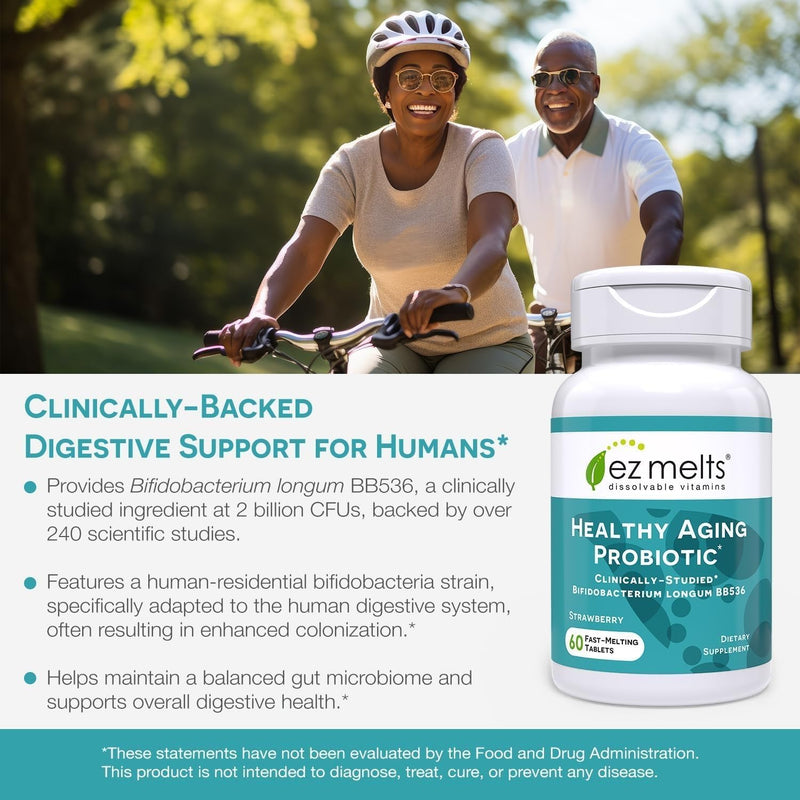 EZ Melts Healthy Aging Probiotic - Daily Probiotic for Digestive & Gut Health Support - with Bifidobacterium Longum - Non-GMO & Vegan - Strawberry - 120 Dissolvable Tablets (120 Servings) 60 Count (Pack of 2)
