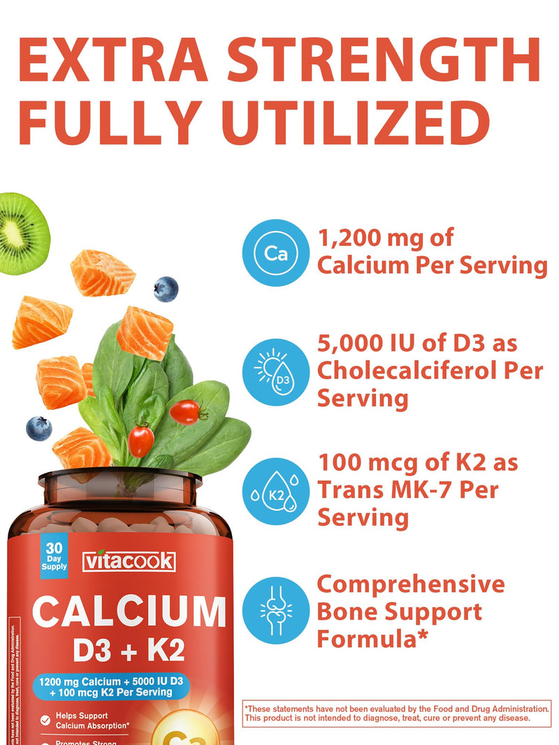 Calcium Supplements for Women & Men, 1200 mg with Vitamin D3 K2, 5000 IU D3, 100 mcg MK-7, Non-GMO, for Calcium Absorption, Strong Bones & Teeth, Heart & Immune Health, 60 Tablets