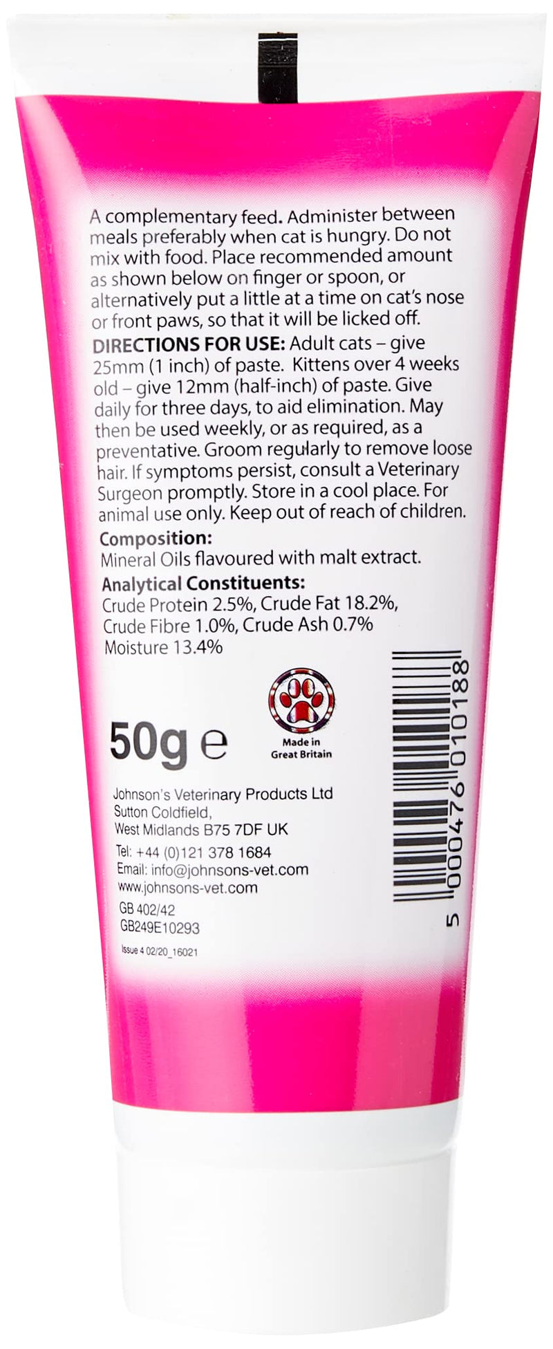 Johnsons Vet Hairball Remedy Malt-Flavoured Paste for Cats and Kittens, 50g Tube (Pack of 2) Pack of 2
