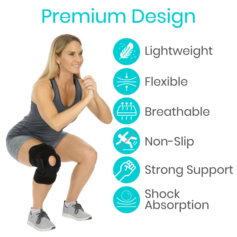 Vive Hinged Knee Brace - Relieves ACL, MCL, Meniscus Tear - Lightweight, Comfortable, Breathable Open Patella Wrap with Side Stabilizers - for Women & Men - Adjustable Strap for Tendonitis Black Small