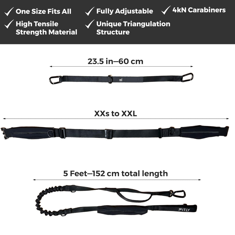 Dog Running Waist Belt - Running Dog Lead - Canicross Harness Carry Personal Items Running, Walks, Hikes - Waist Leads for Dogs with Belt Pouch, Converts into Canicrossing Line - Nifty Black - BeesActive Australia
