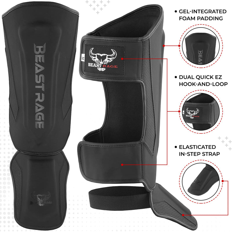 BEAST RAGE MMA Martial Arts Shin Guards for Kickboxing Adjustable Muay Thai, Padded Martial Arts Shin Pads Leg Guard with Instep Sleeves MMA Training BJJ Karate Boxing Taekwondo BLACK Large